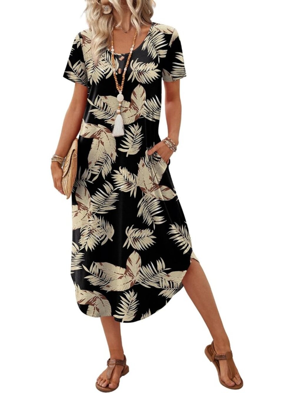 Women's Black Leaves Casual Maxi Dresses Beach Vacation Outfit Pocket T Shirt
